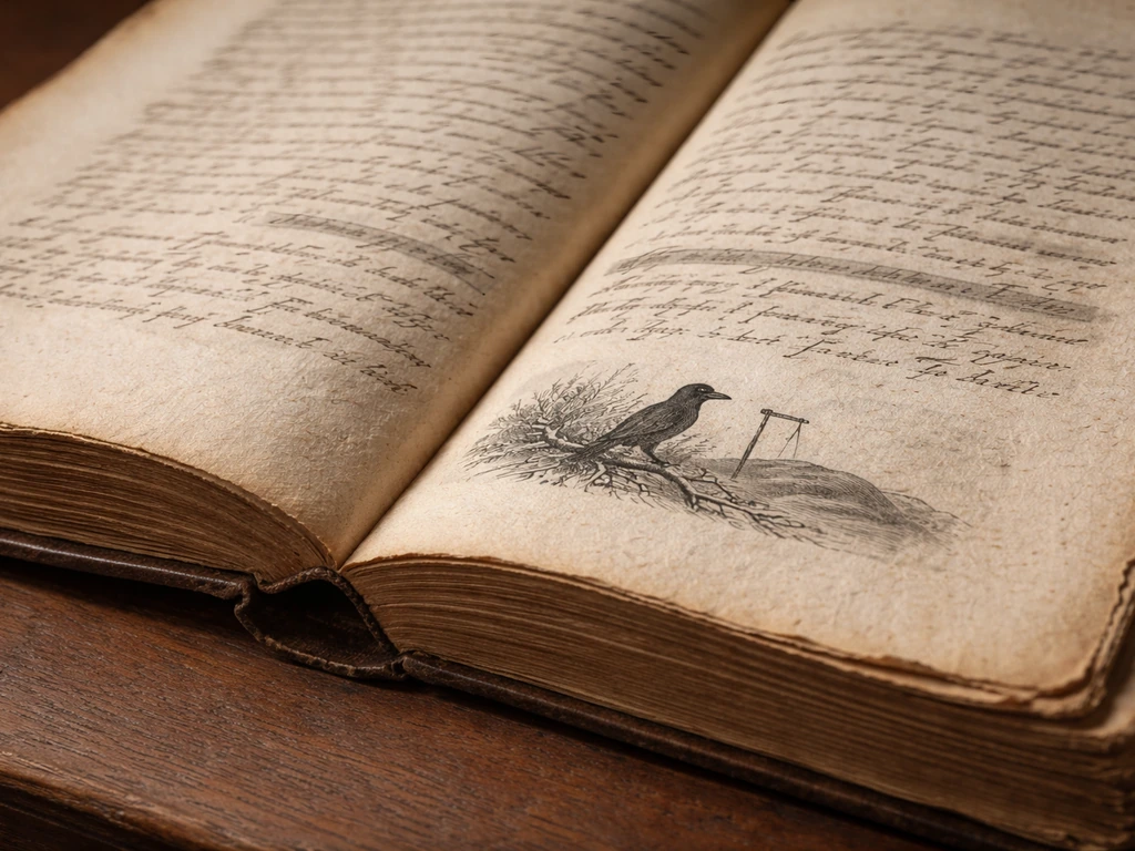 Close-up of an open old book on a wooden desk with emphasized lines and a small gallows-bird engraving.
