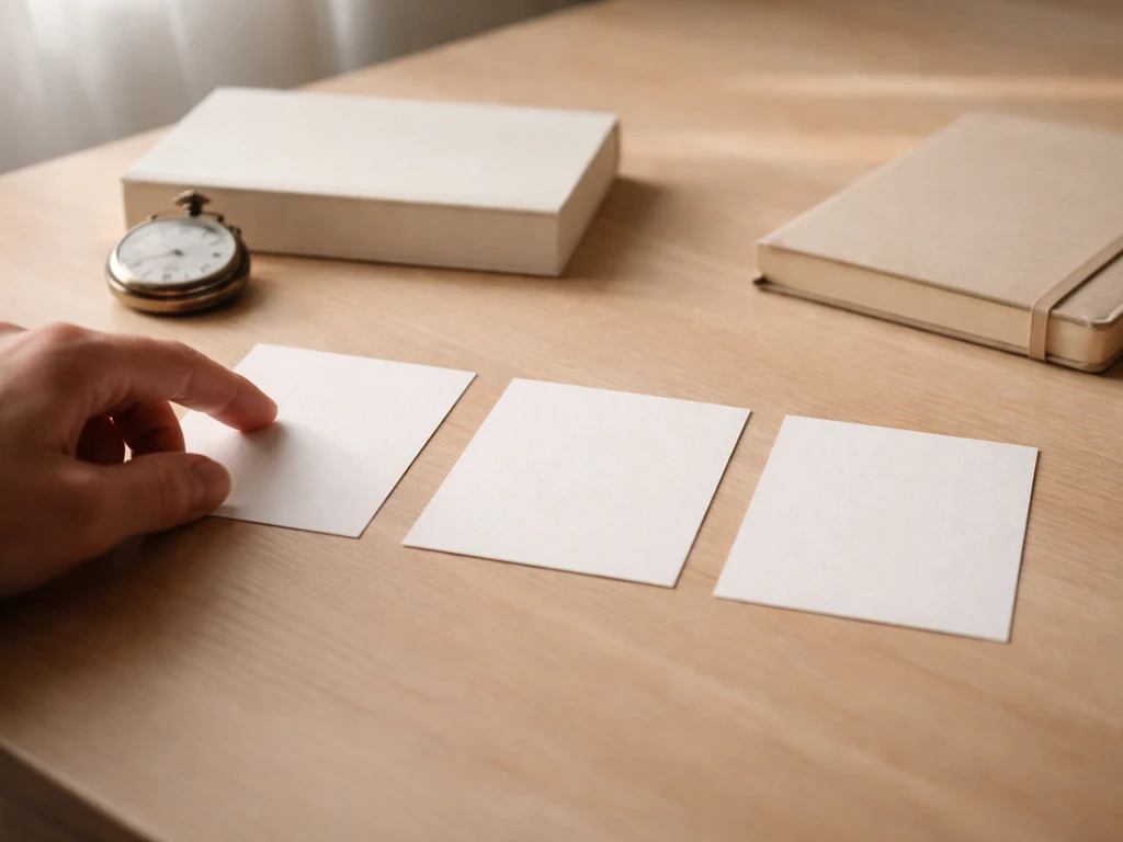 Minimal desk scene with blank cards, a pocket watch, and book for a practical language decision workflow