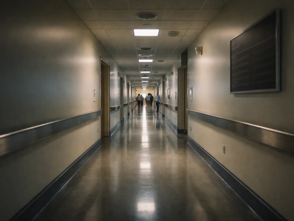 Empty hospital corridor with overhead speaker units and a blank emergency code sign board.