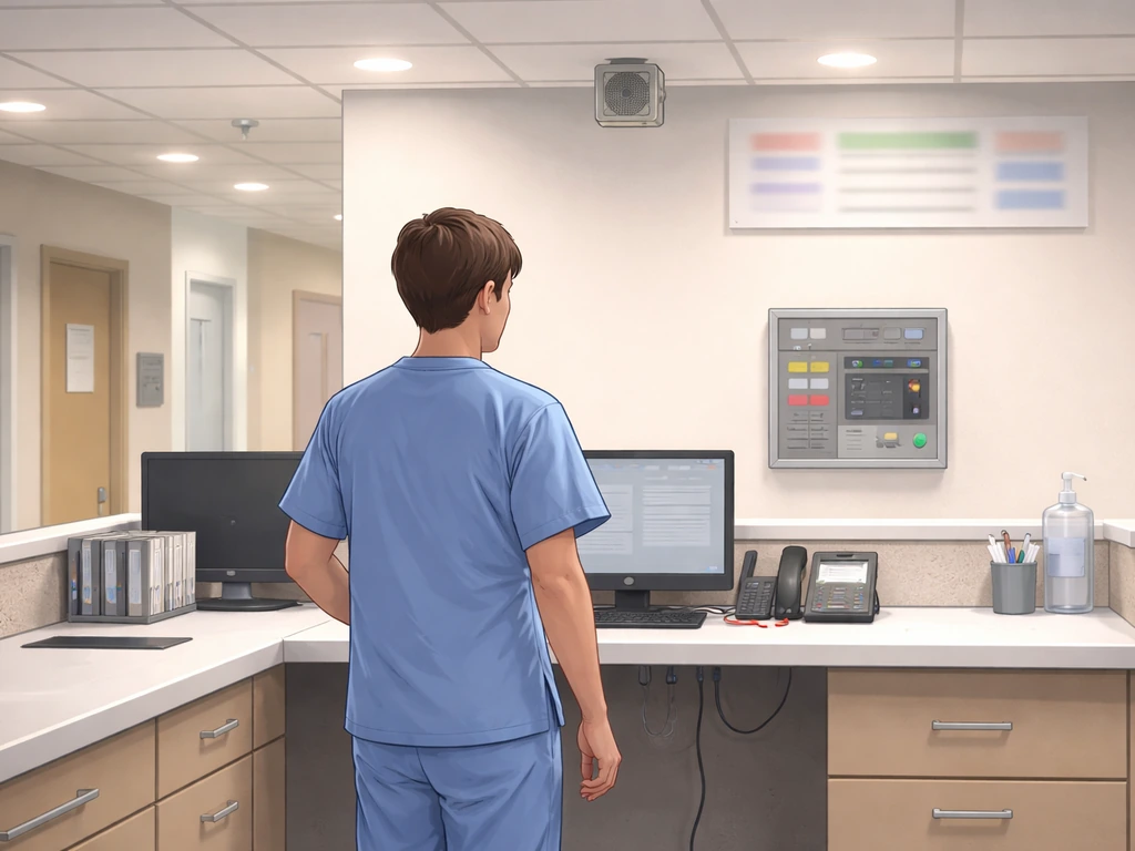 Nurse at a hospital nursing station looking at an emergency call/code panel with overhead speakers above.