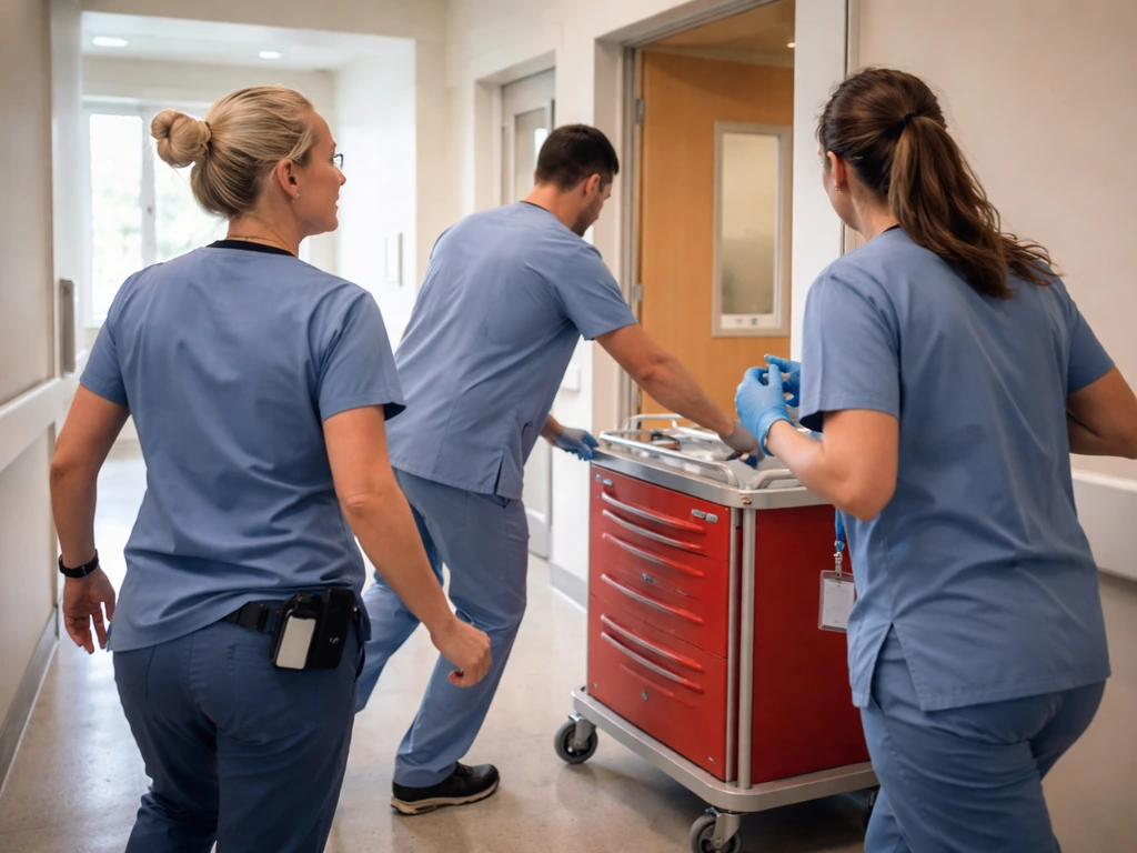Charge nurse and bedside staff move through a hospital hallway toward an emergency cart preparation