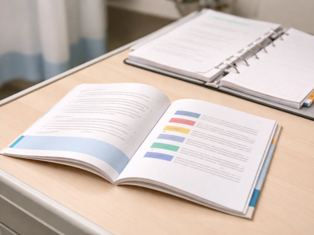 Open patient welcome packet beside a hospital staff desk directory, suggesting how to confirm emergency code meanings.