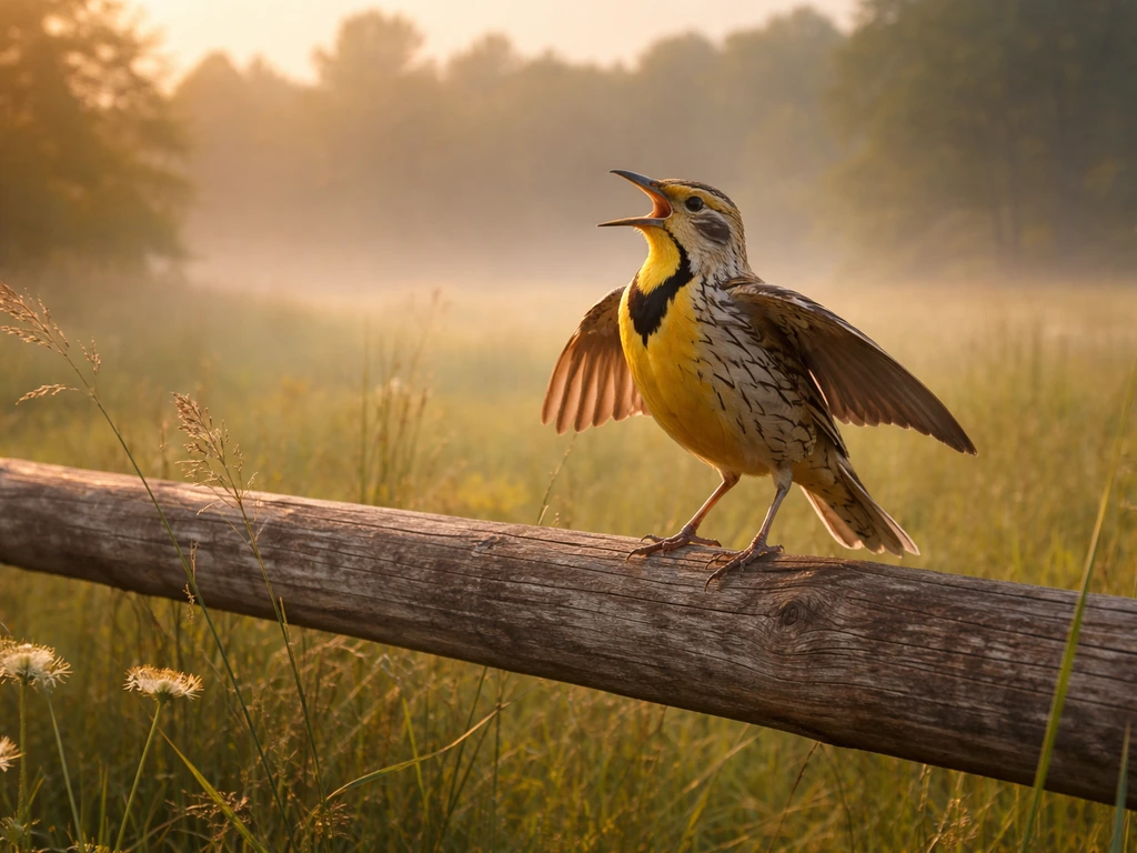 Meadowlark bird perched at sunrise in an open meadow, warmly lit, suggesting joy and hope.