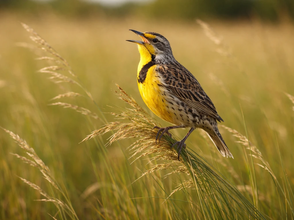 Close-up of a meadowlark perched on grass in an open prairie at golden hour.