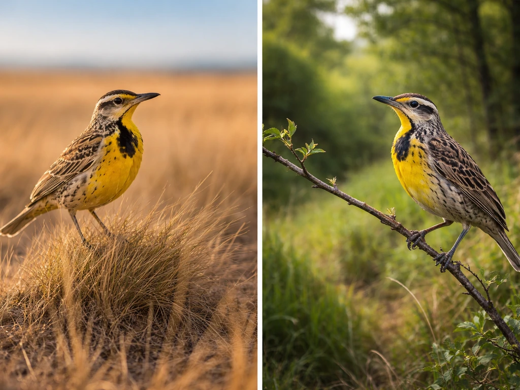 Two meadowlarks perched in separate habitats, one prairie-like and one brushy eastern setting, symbolizing regional mean