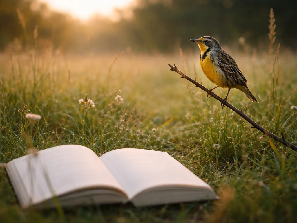 Meadowlark perched beside an open book on a grassy meadow in warm dawn light.