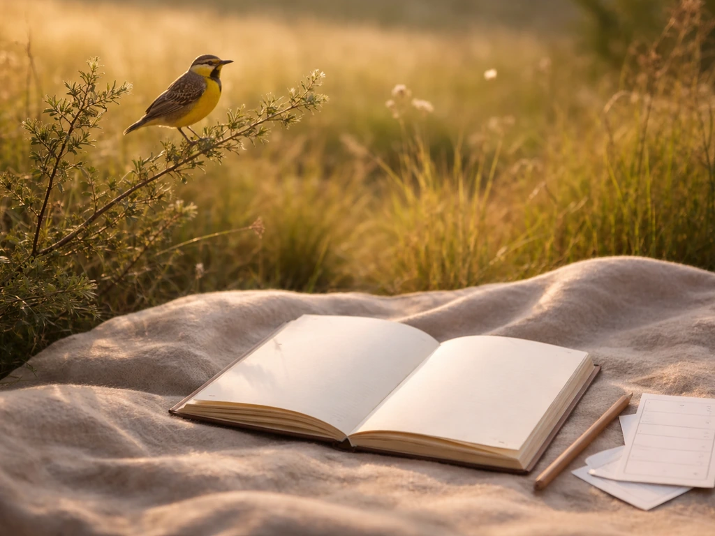 Meadowlark perched in a meadow next to an open blank journal and pencil for personal reflection