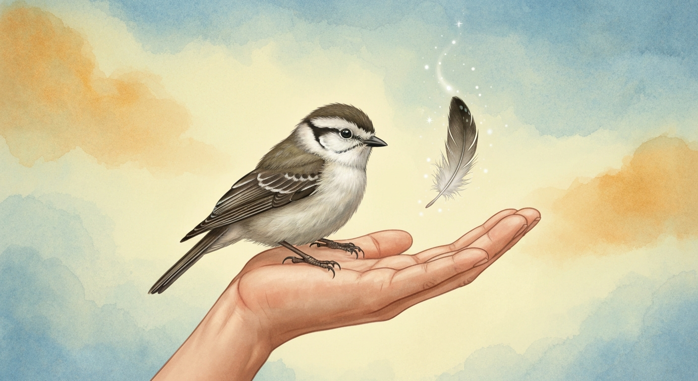 A small fluffy bird perched on an outstretched hand, a single glowing feather drifting down; soft watercolor sky background.
