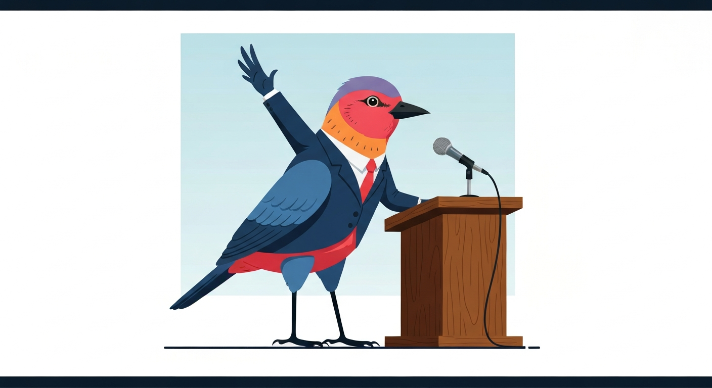 Cartoonish, editorial-style bird in a tiny suit at a podium, speaking into a microphone, satirical political caricature