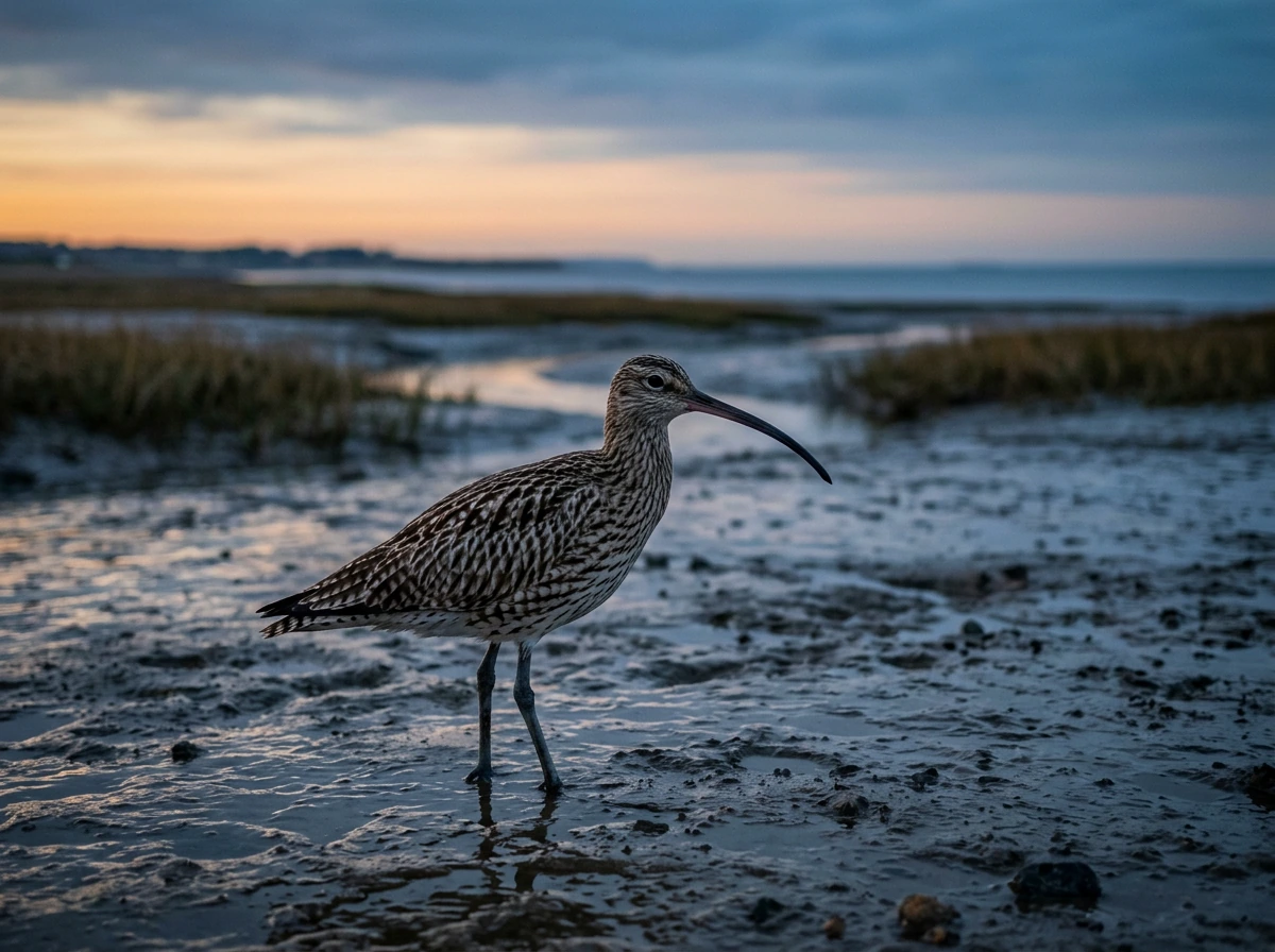 Curlew bird symbol and real-sighting scene at dusk over coastal marsh.