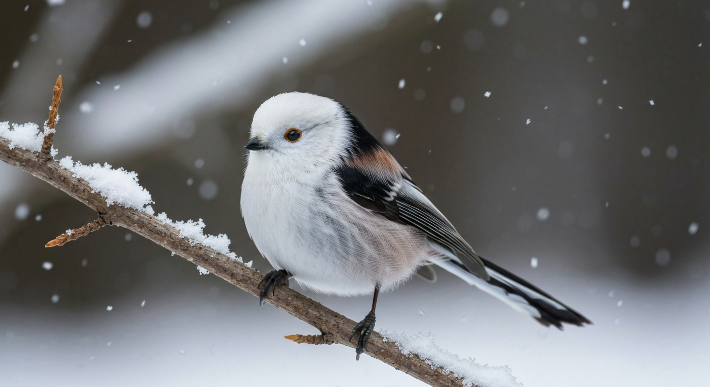 Photorealistic close-up of a Shima Enaga perched on a snow-covered twig in a Hokkaido forest, showing its round white face and long black-and-white tail.