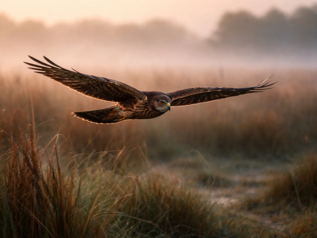 A harrier raptor gliding low over a marsh at dawn, centered in frame with reeds and mist behind it.