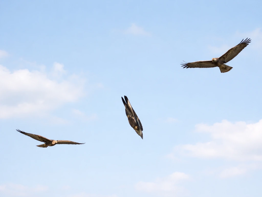Three birds of prey in flight: a harrier-style low gliding V, a falcon stooping dive, and a hawk soaring on thermals.