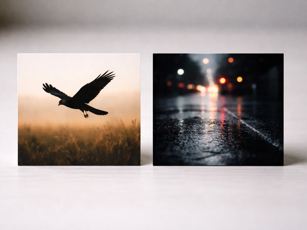 Two side-by-side cards: a harrier bird scene on one, a moody urban slang-like scene on the other.