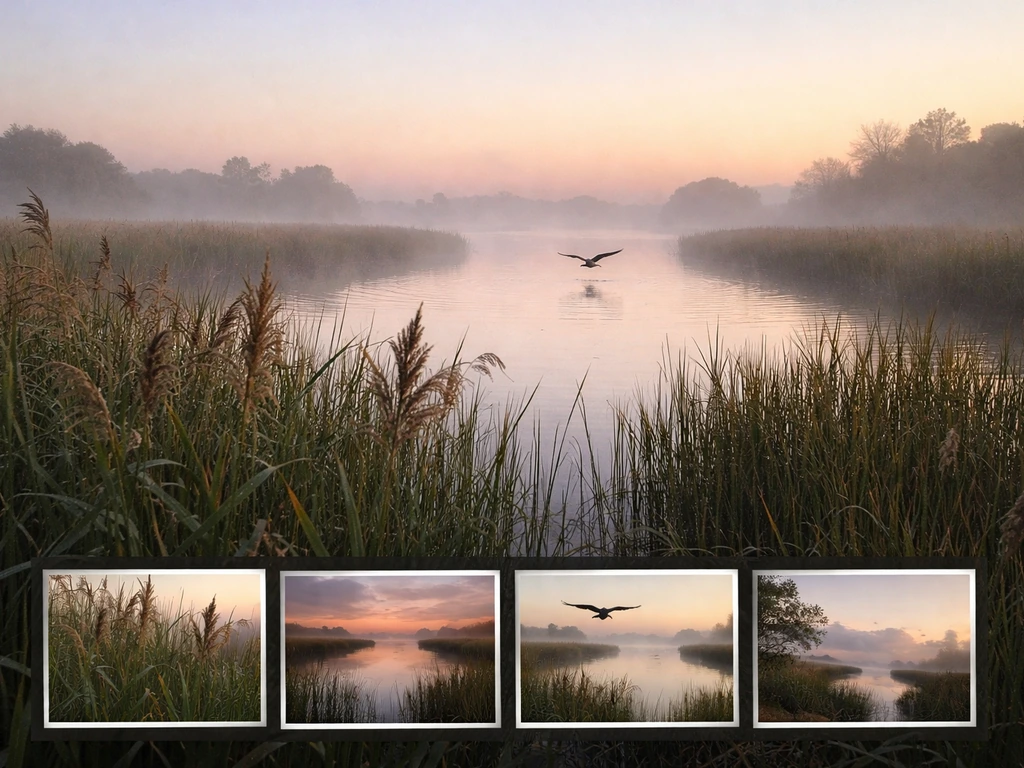 Dawn marsh scene with a harrier silhouette over reeds, plus a checklist-like visual of sighting details