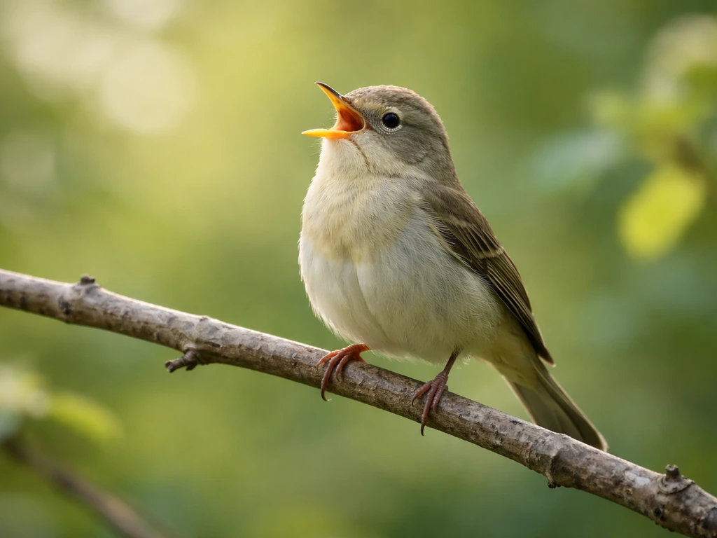 A small songbird perched and singing in soft morning light.
