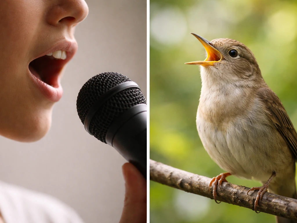 Side-by-side: generic vocalist singing in studio vs a small bird singing outdoors on a branch.