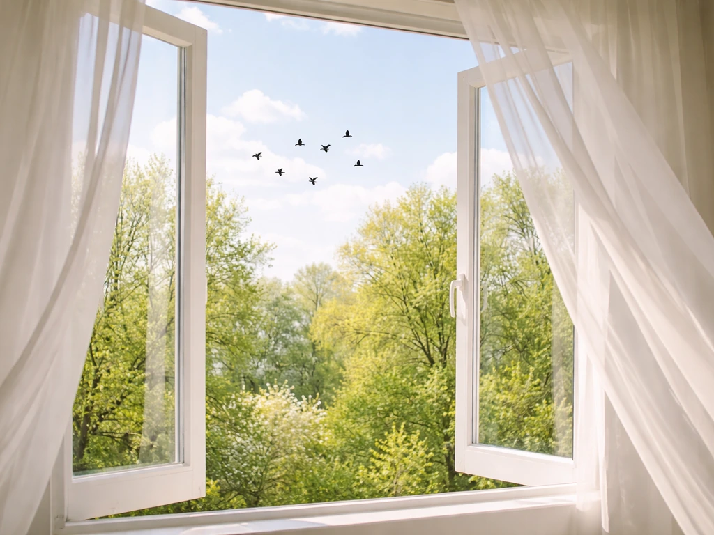Sunlit open window with distant birds over spring green trees, conveying freedom and cheer.