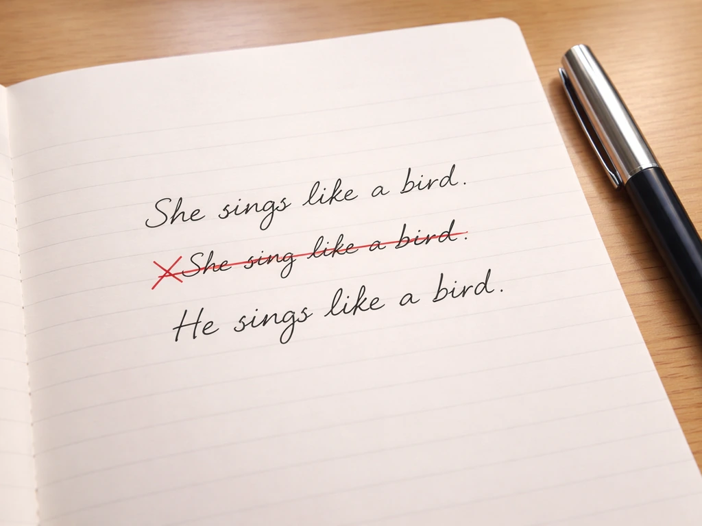 Notebook page with handwritten correct and crossed-out grammar examples about singing like a bird.