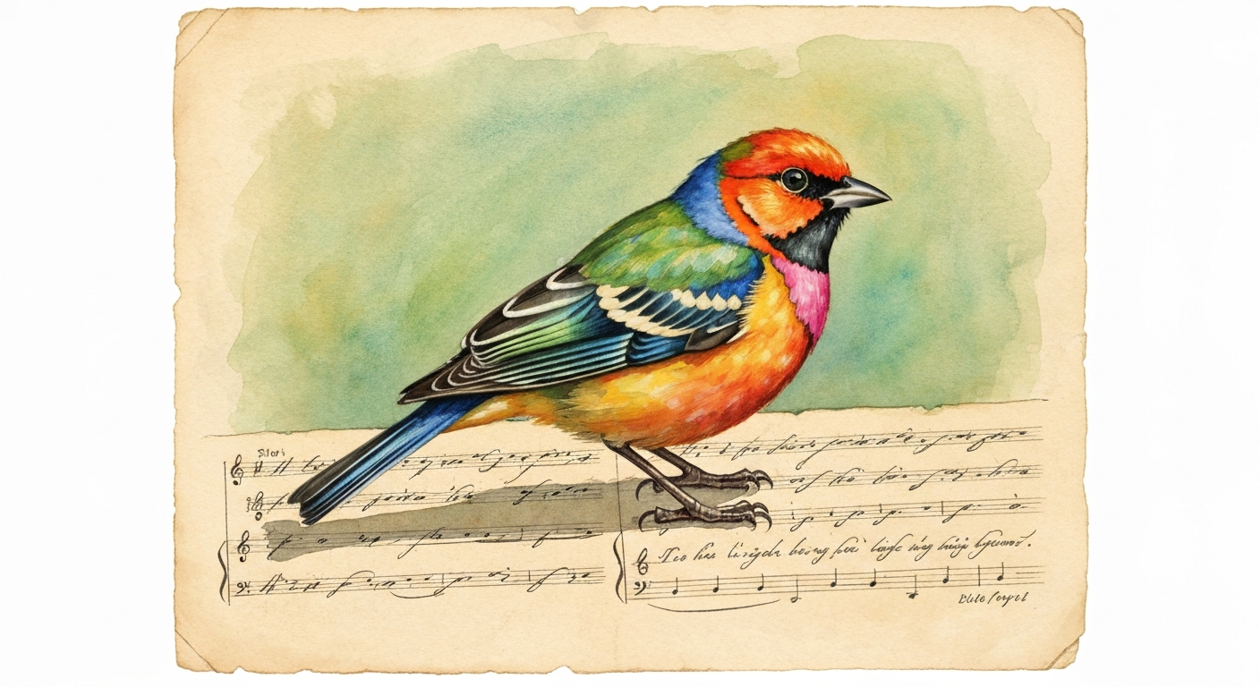 Watercolor-style illustration of a brightly colored songbird perched on an antique sheet of poetry, evoking the historical sense of "gay bird" as merry and showy.