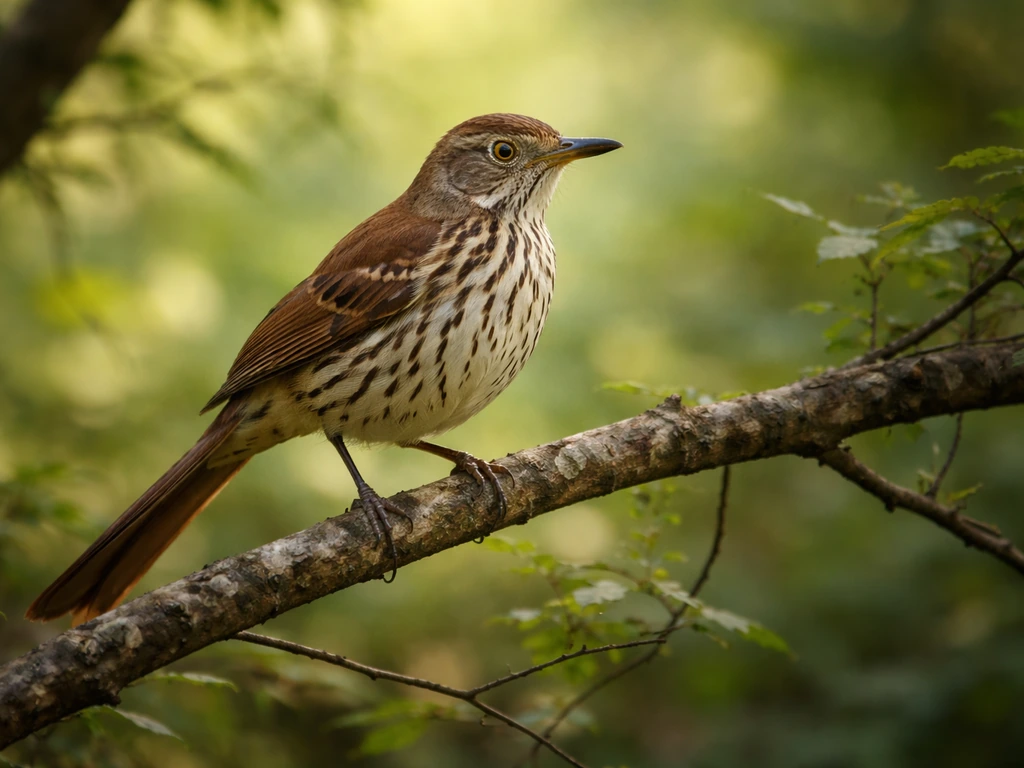 Brown thrasher perched in natural brush, showing brown streaked plumage and long tail