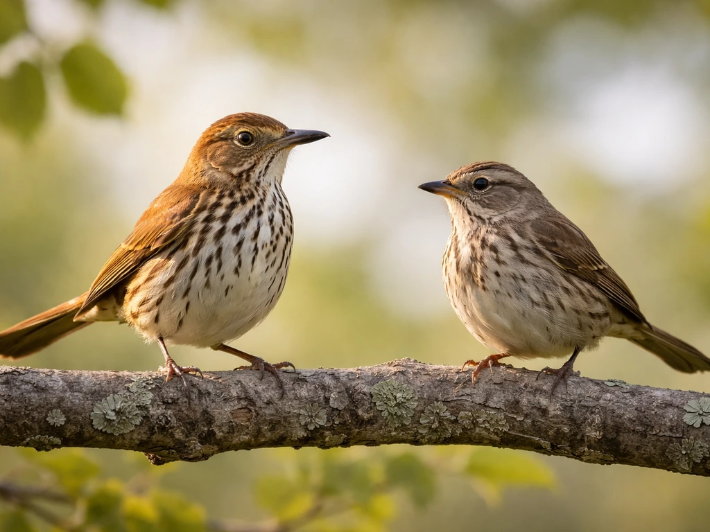 Close-up of two small songbirds on a branch, showing brown thrasher-like warm streaking and tail carriage.