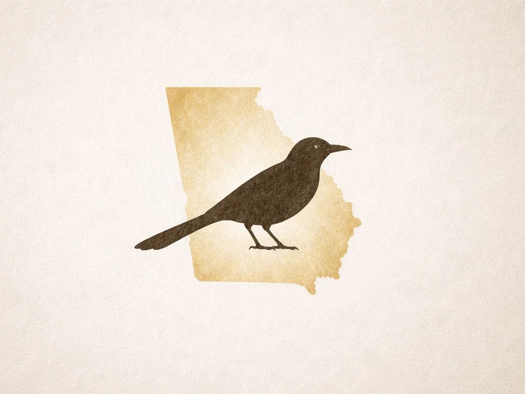 A clean civic-themed silhouette of a brown thrasher framed against a subtle Georgia-shaped background.