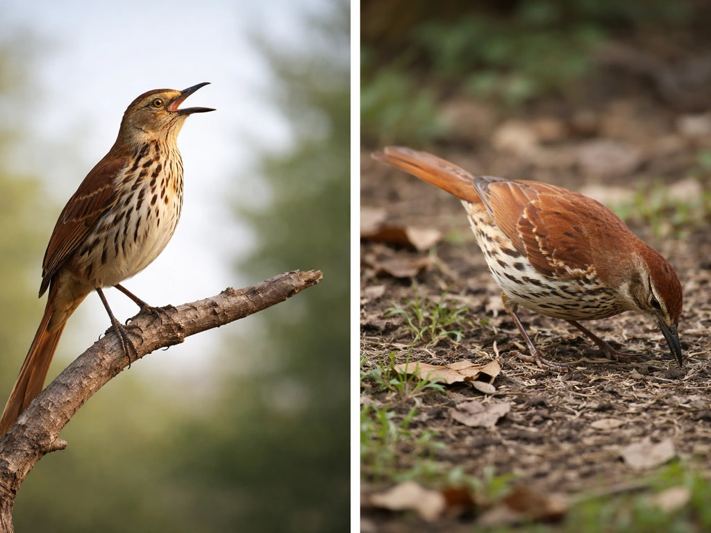 Two side-by-side scenes: a brown thrasher singing from a high branch and foraging on the ground.
