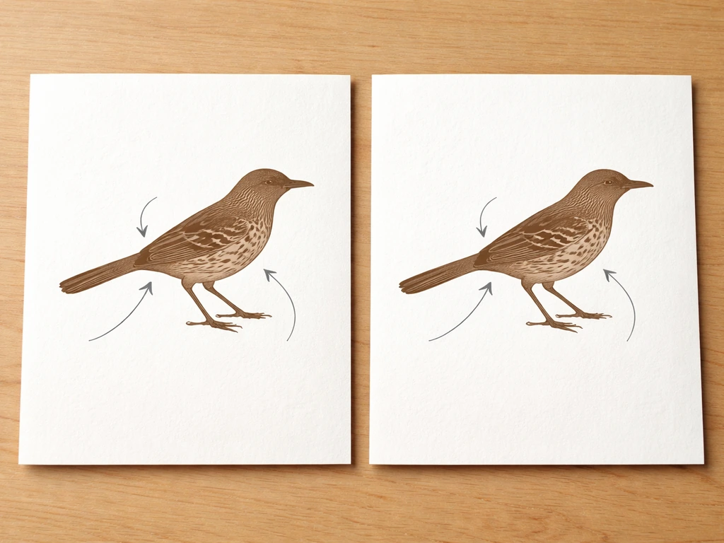Minimal grid showing two small brown bird silhouettes with arrows to wing bars, throat, and tail differences.