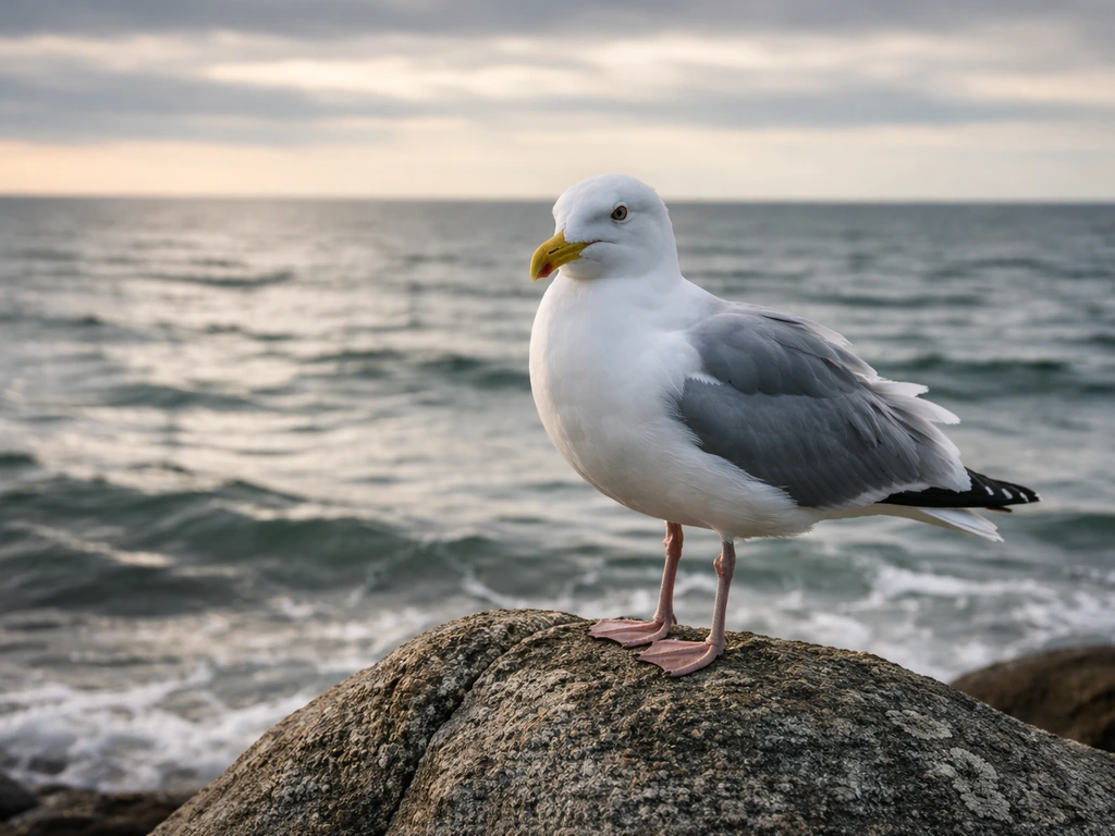A seagull perched on a shoreline rock with the ocean and open horizon behind it