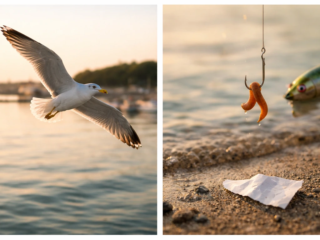 Split image: a seagull over water on the left, and a subtle misleading bait setup by the shore on the right.