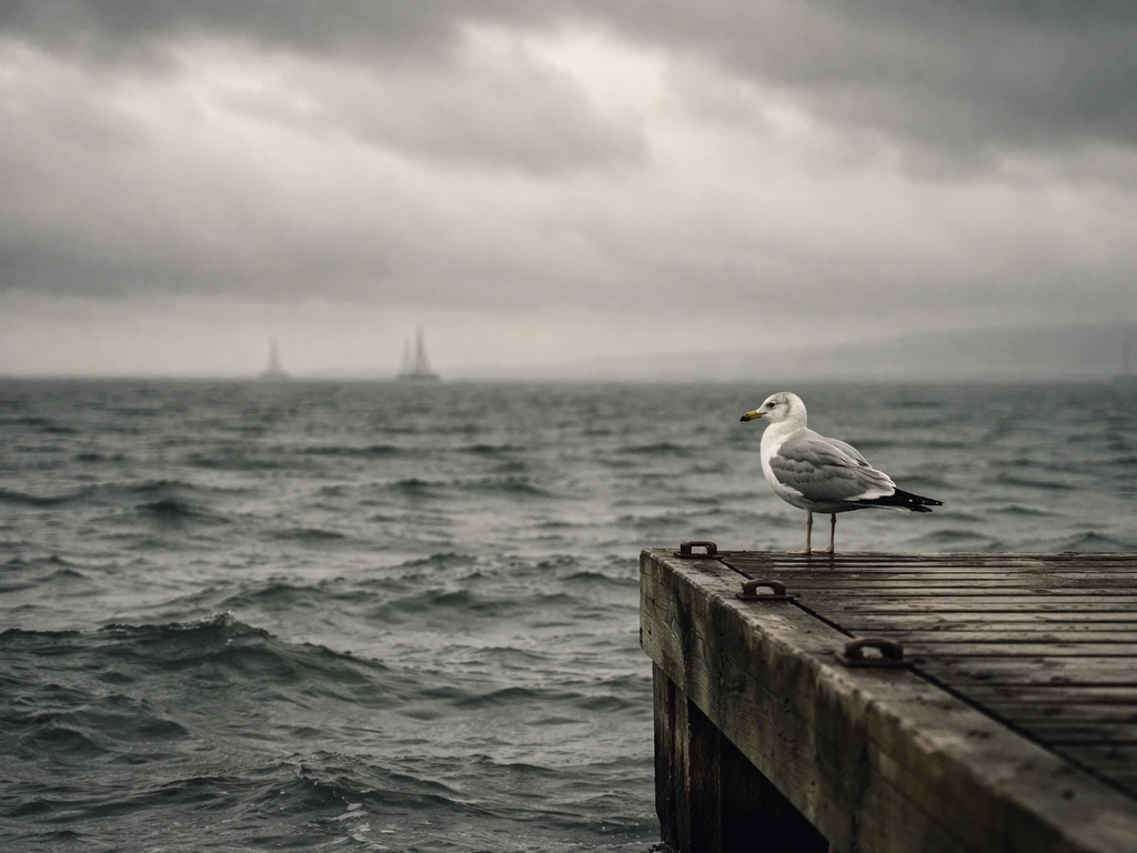 Seagull perched on a harbor pier with stormy gray sea and cloudy sky, symbolizing omens and weather.