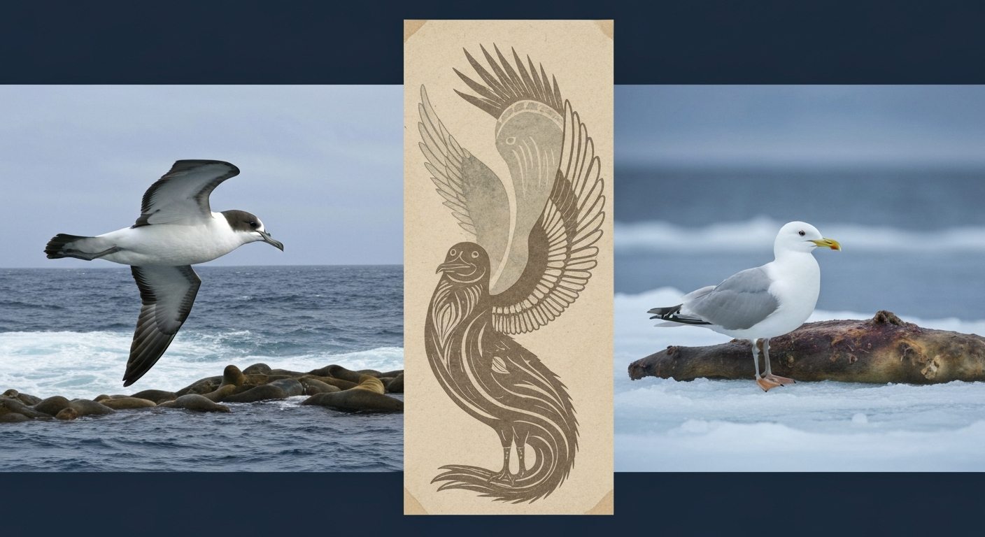 Composite header showing a short-tailed shearwater flying over seals on a rocky coast, an Ivory Gull on Arctic sea ice near a seal, and a centered stylized seal‑bird hybrid emblem inspired by Indigenous transformational art.