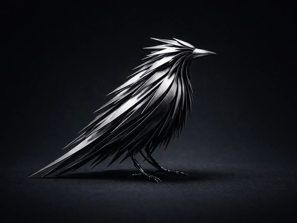 A bird-shaped silhouette made of sharp blade-like metal slats against a minimal dark background.