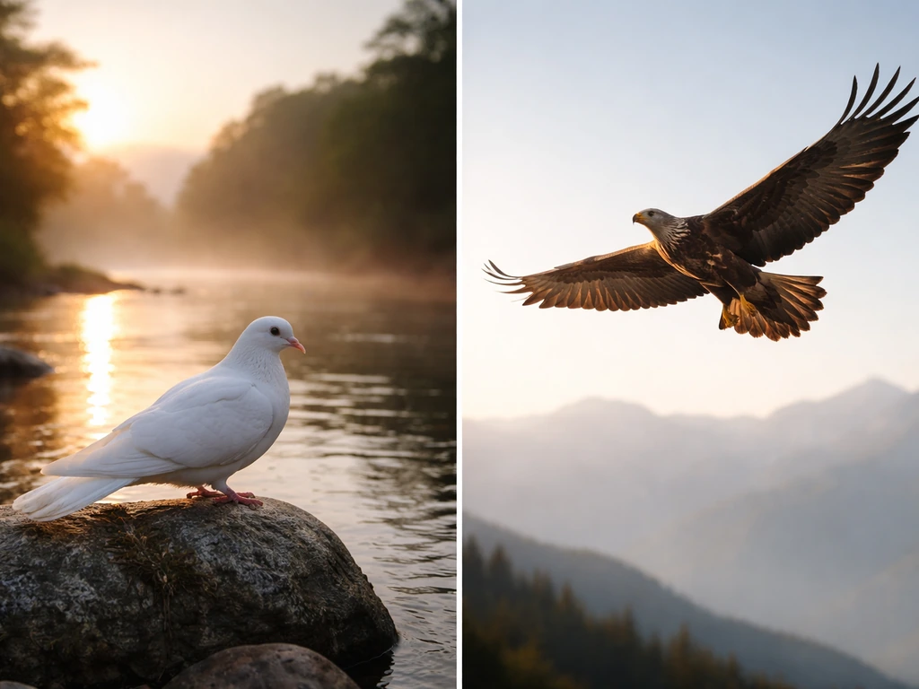 Split-scene photo of a dove by a river and an eagle flying over distant mountains under clear sky.