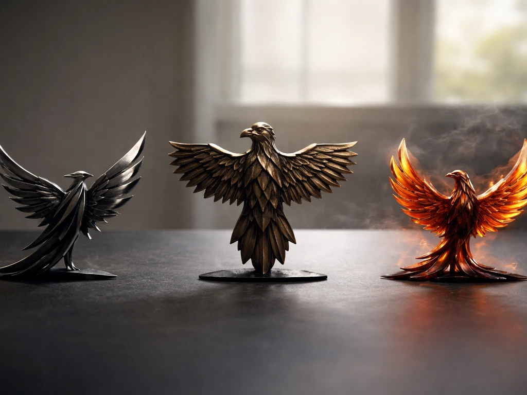 Minimal tableau showing a metallic “blade bird” motif beside a glowing “thunderbird” and “firebird” feather shapes.