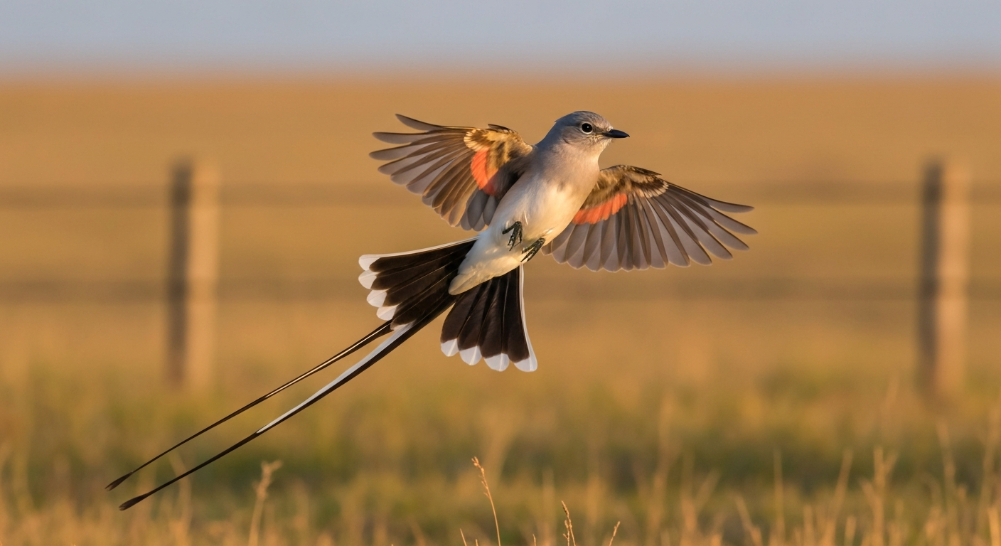 Scissor-tailed Flycatcher in flight with long forked tail spread over prairie at golden hour.
