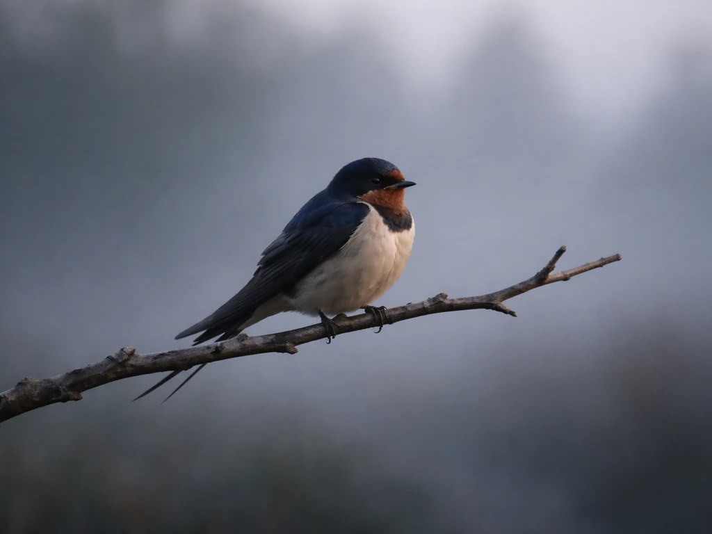 A swallow perched on a bare branch with misty dawn light and a somber atmosphere.