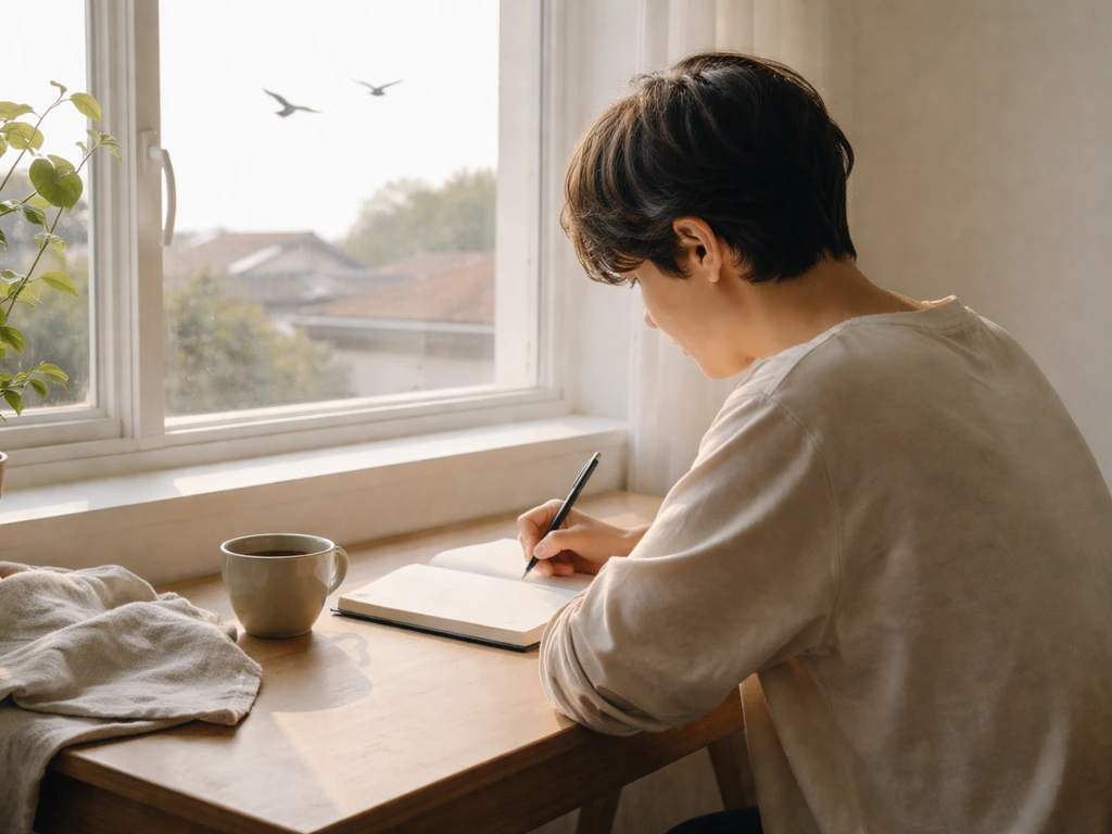 Peaceful person journaling by a window as swallows fly outside in warm morning light.