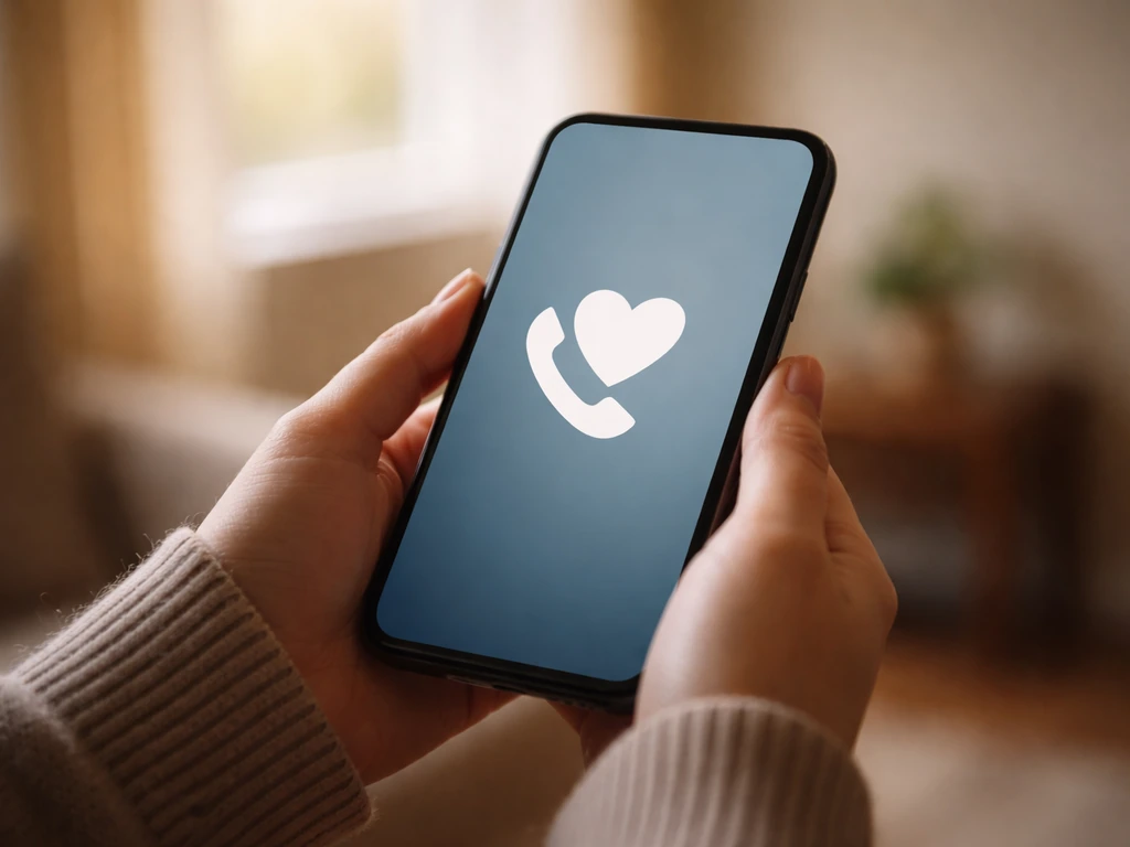 Close-up of a phone held in hand showing a generic help icon in a calm, softly lit room