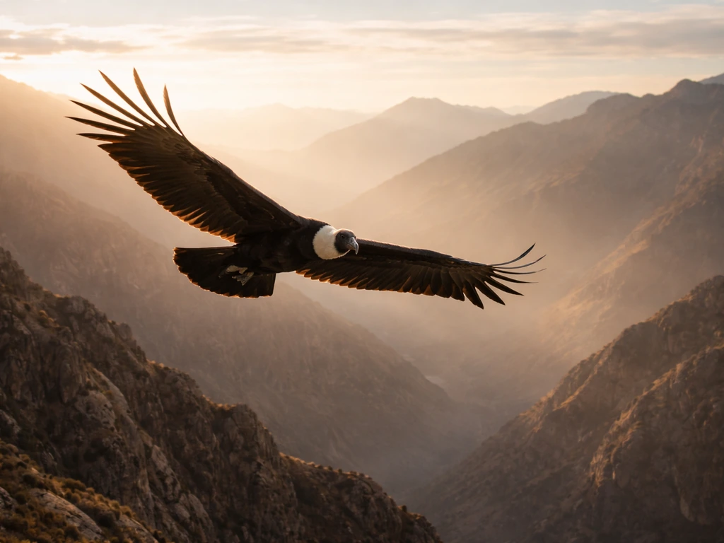 Golden-hour Andean condor gliding over the Andes mountains with wings spread