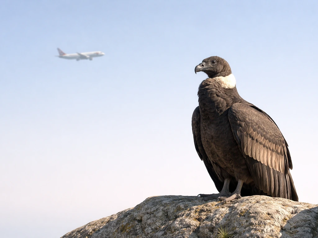 Minimal photo showing a realistic condor perched outdoors beside a small out-of-focus airplane in the distance.