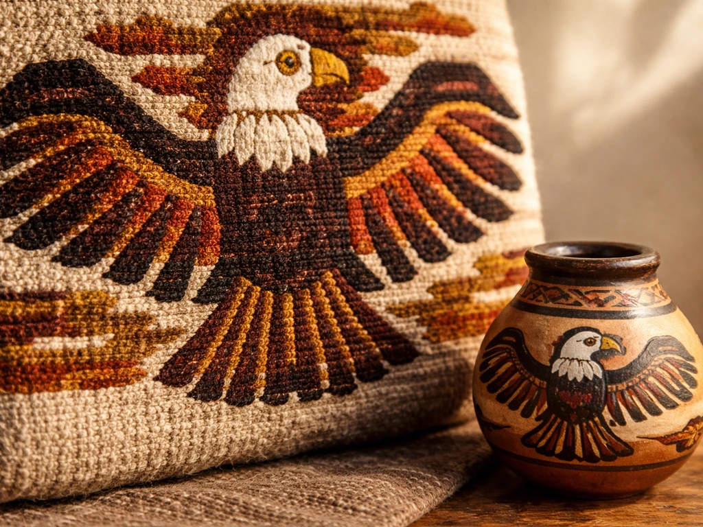 Close view of Andean condor motif on textured textile and ceramic with warm earth tones.