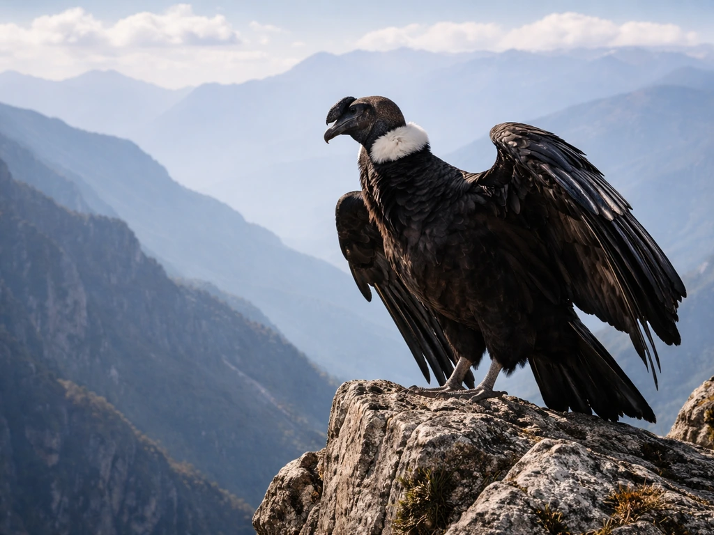 An Andean condor perched on rocky cliffs with a hazy Andes mountain backdrop.