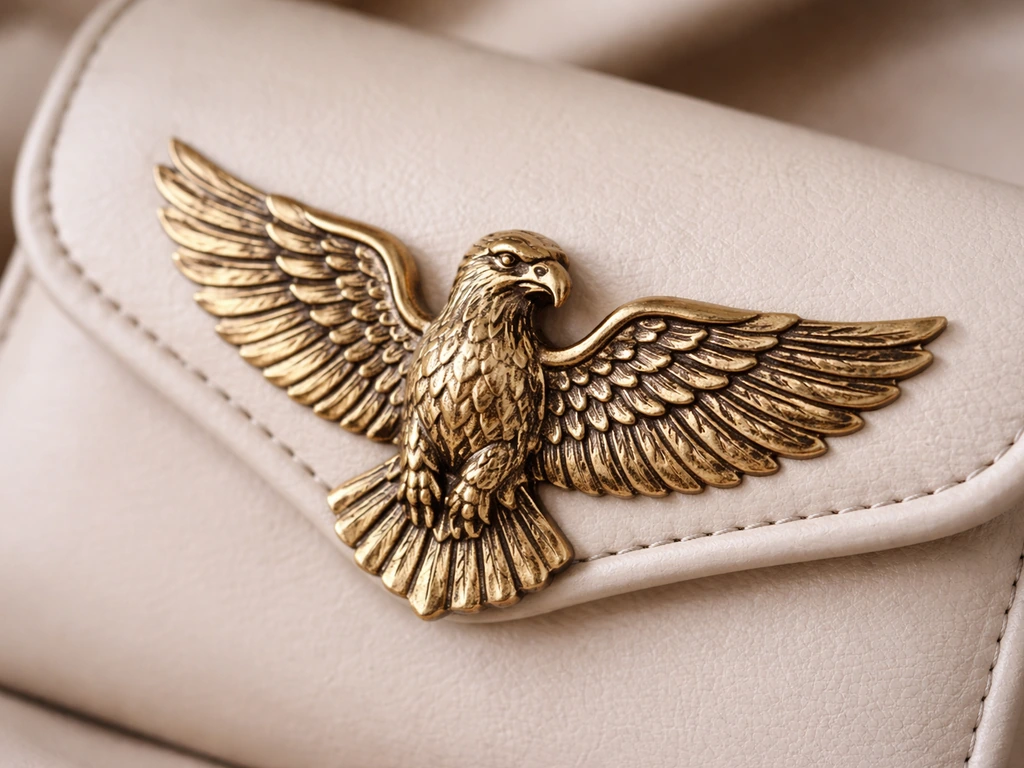 Ornate gold eagle-like metal bird hardware on a shoe or bag flap, sharply focused against a soft background.