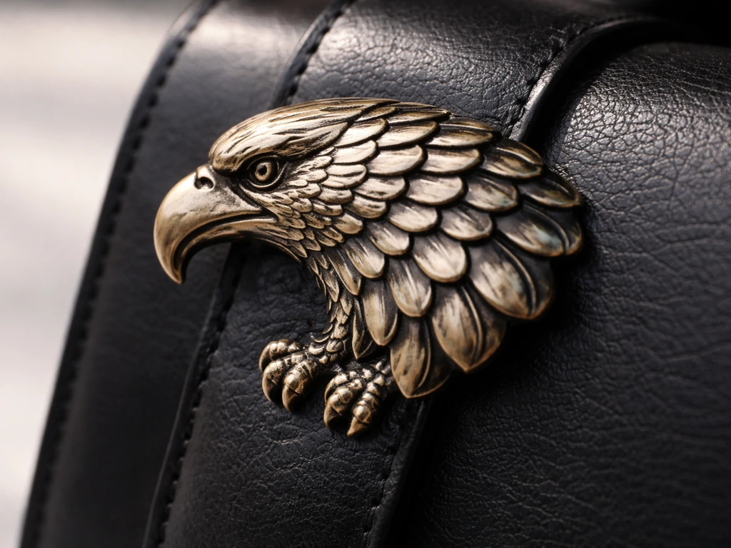 Close-up of ornate eagle hardware details with hooked beak, wing shape, and talons on a leather bag strap