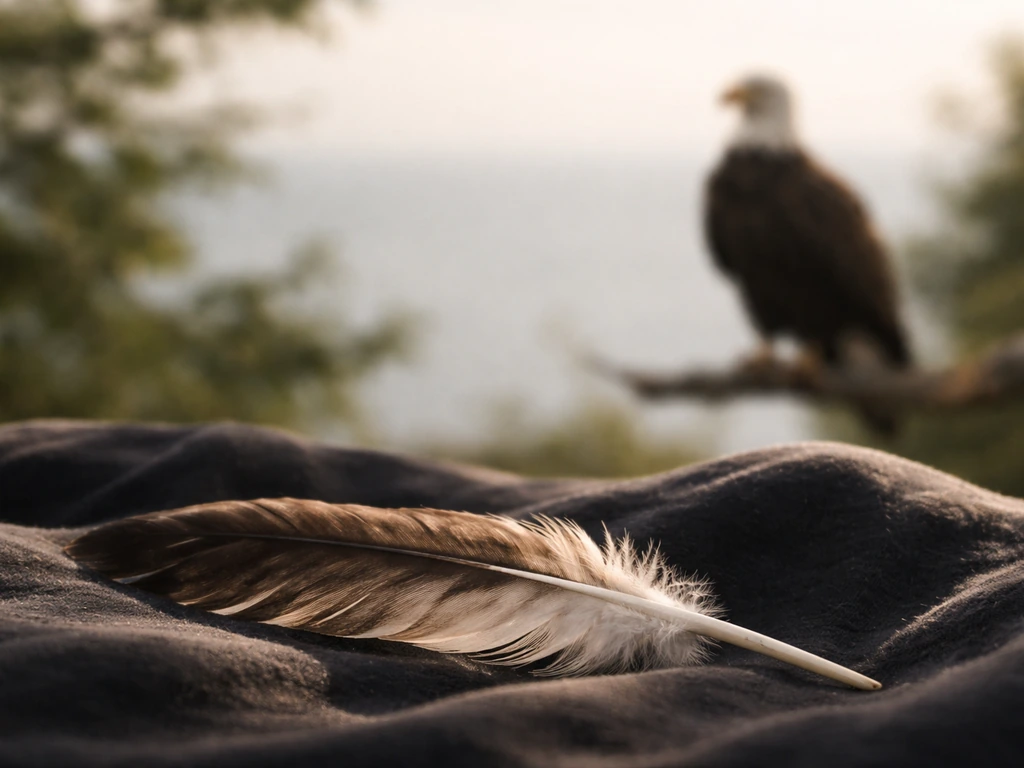Close-up of an eagle feather beside a sharp-eyed bird silhouette in a calm natural setting