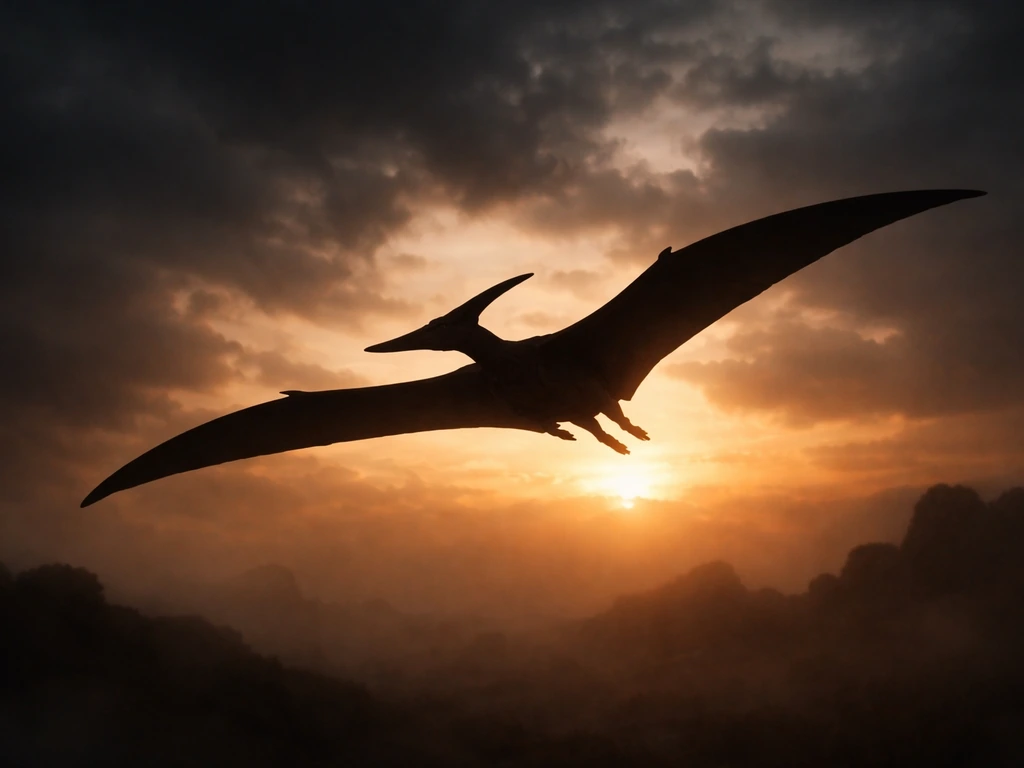 A pterodactyl silhouette glides over a dramatic prehistoric dusk sky.
