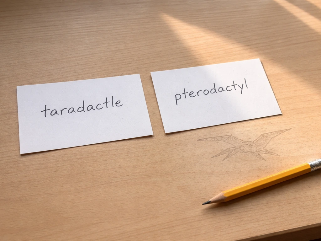 Two handwritten note cards on a wooden desk showing “taradactle” left and “pterodactyl” right.