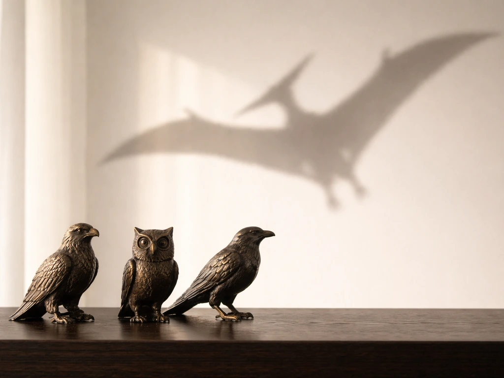 Bronze eagle, owl, and raven figurines with a pterodactyl-like wing shadow in the background.